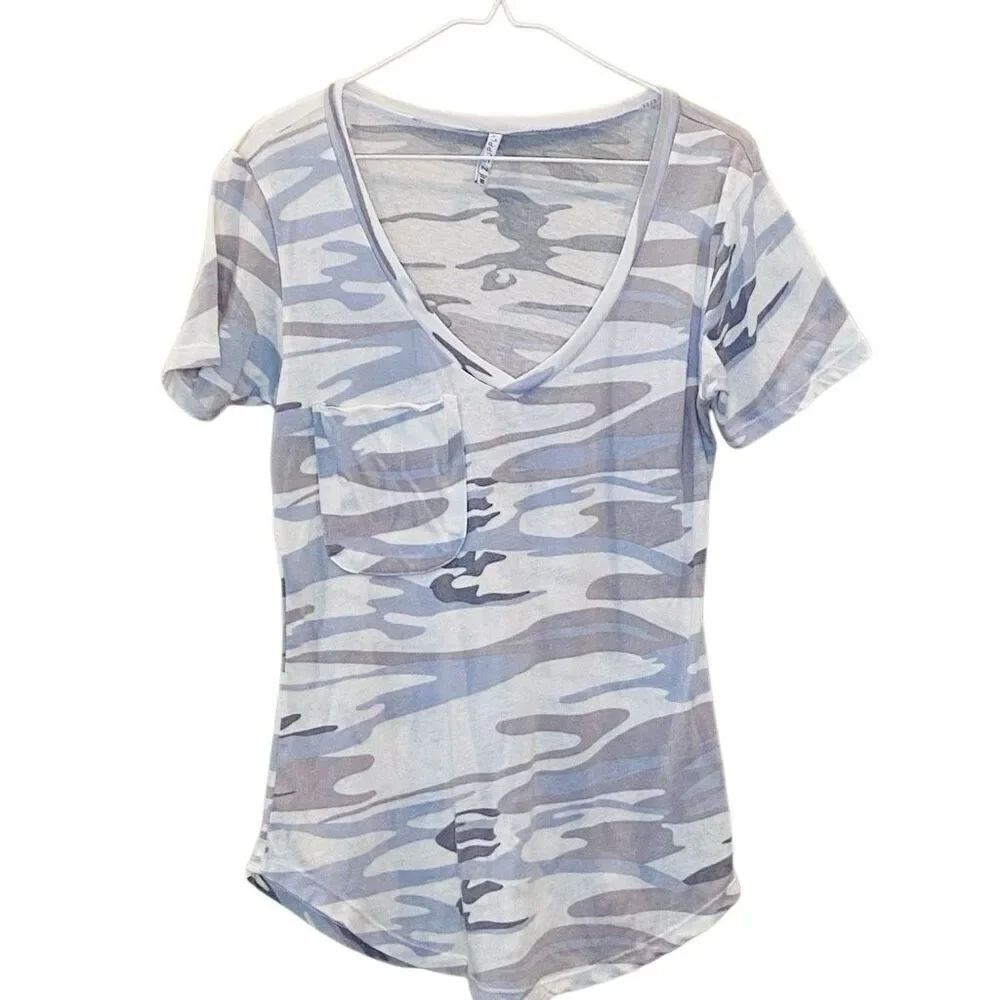 Z Supply Camouflage Pocket Plunge V Neck Short Sleeve T-Shirt White Gray Size XS